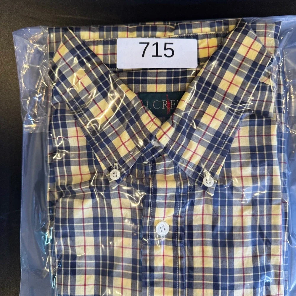 J. Crew Mens Plaid Button Down Shirt Medium Yellow Navy Blue Cotton Long Sleeve